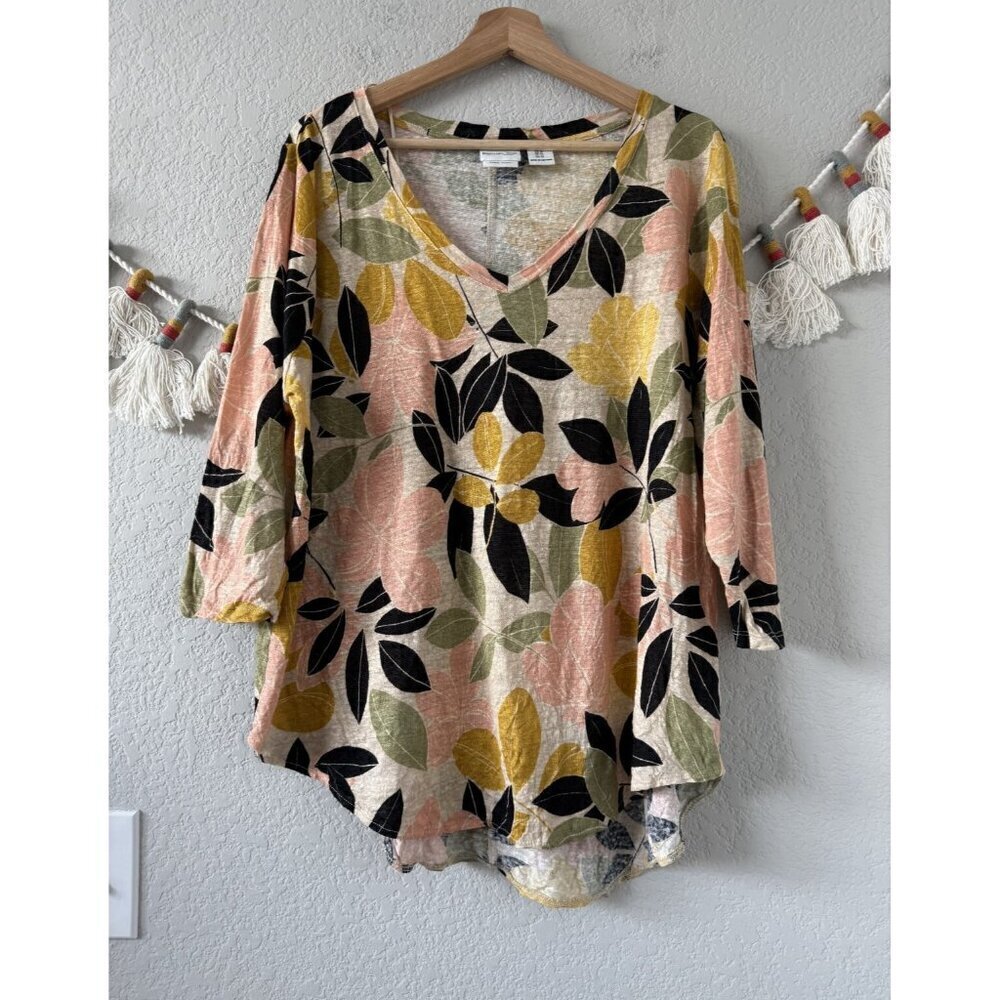 Rachel Zoe 100% Linen Floral Abstract 3/4 Sleeve Top Boho Coastal Tropical 1x
